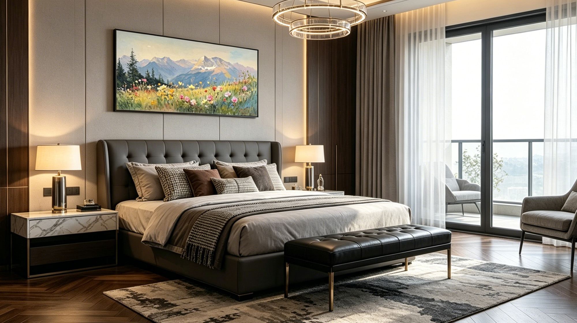 MontCarta mountain landscape wall art above a gray tufted headboard in a modern luxury bedroom.