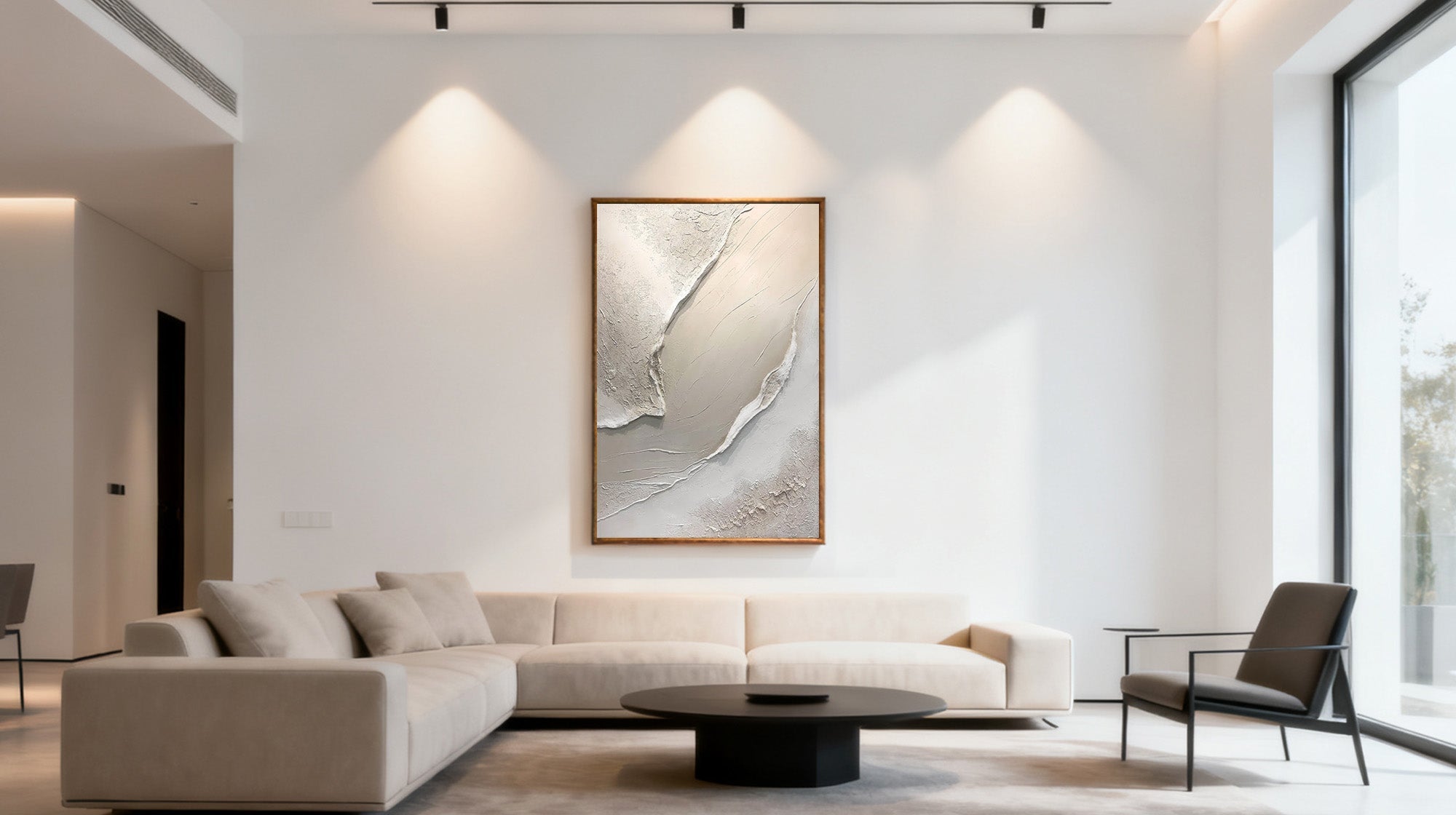 Mont Cart minimalist living room with a large neutral abstract canvas above a sectional sofa.