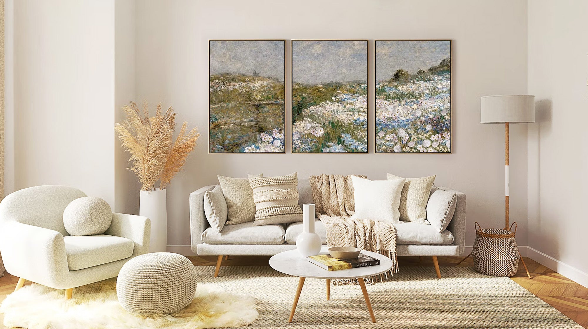 Mont Cart boho living room with a neutral sofa and a triptych of Impressionist floral landscape paintings.