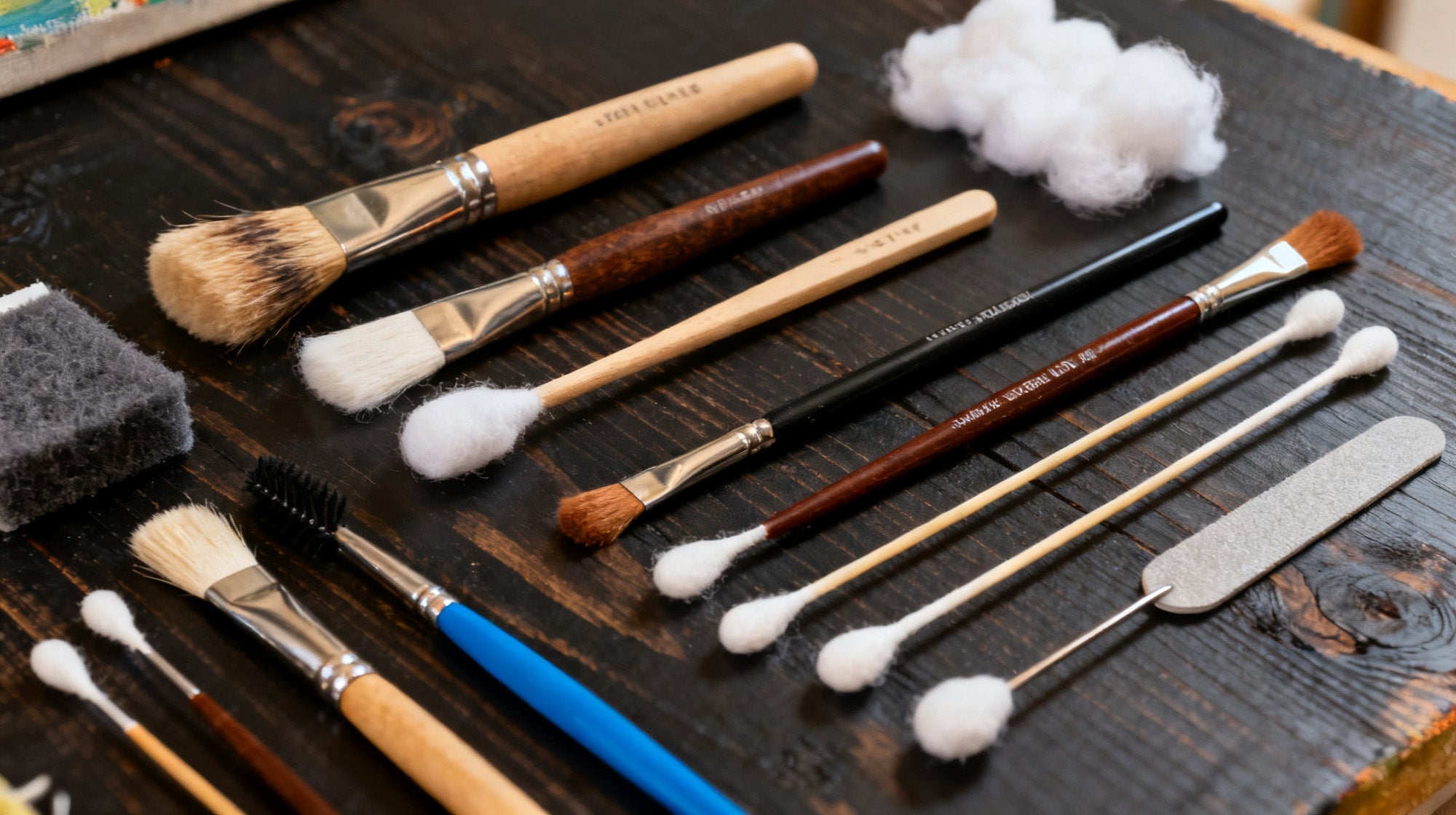 Close-up of various art cleaning brushes, cotton swabs, and tools laid on a dark wood table.