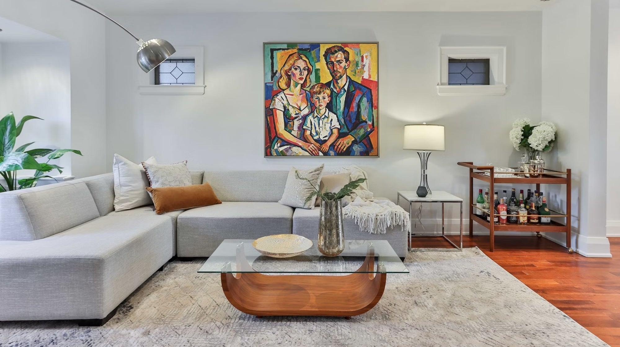 A cubist-style portrait of a family of three by MontCart, displayed above a sectional sofa in a bright, modern living room.