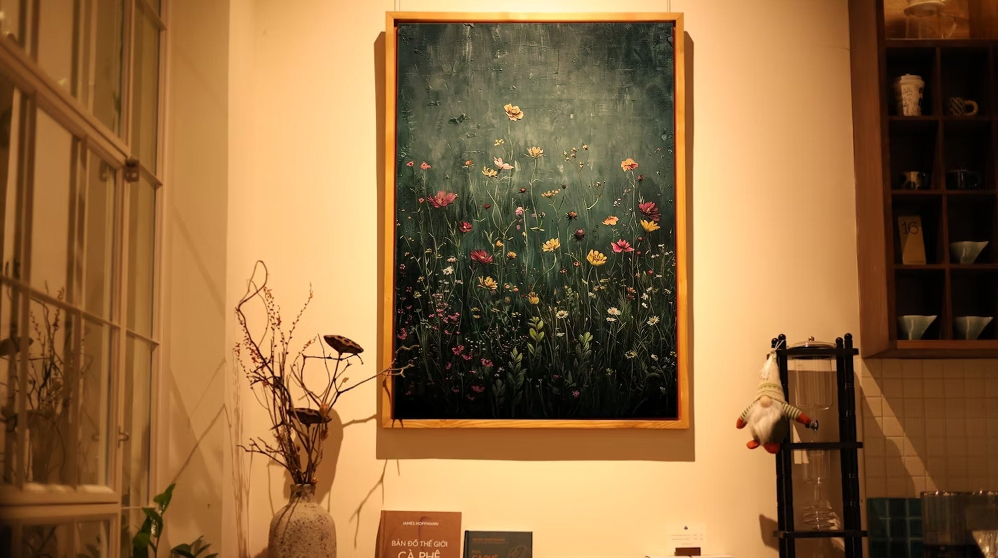 A dark, moody oil painting of a field of wildflowers by MontCart, hanging on a wall in a warmly lit coffee shop or reading nook.