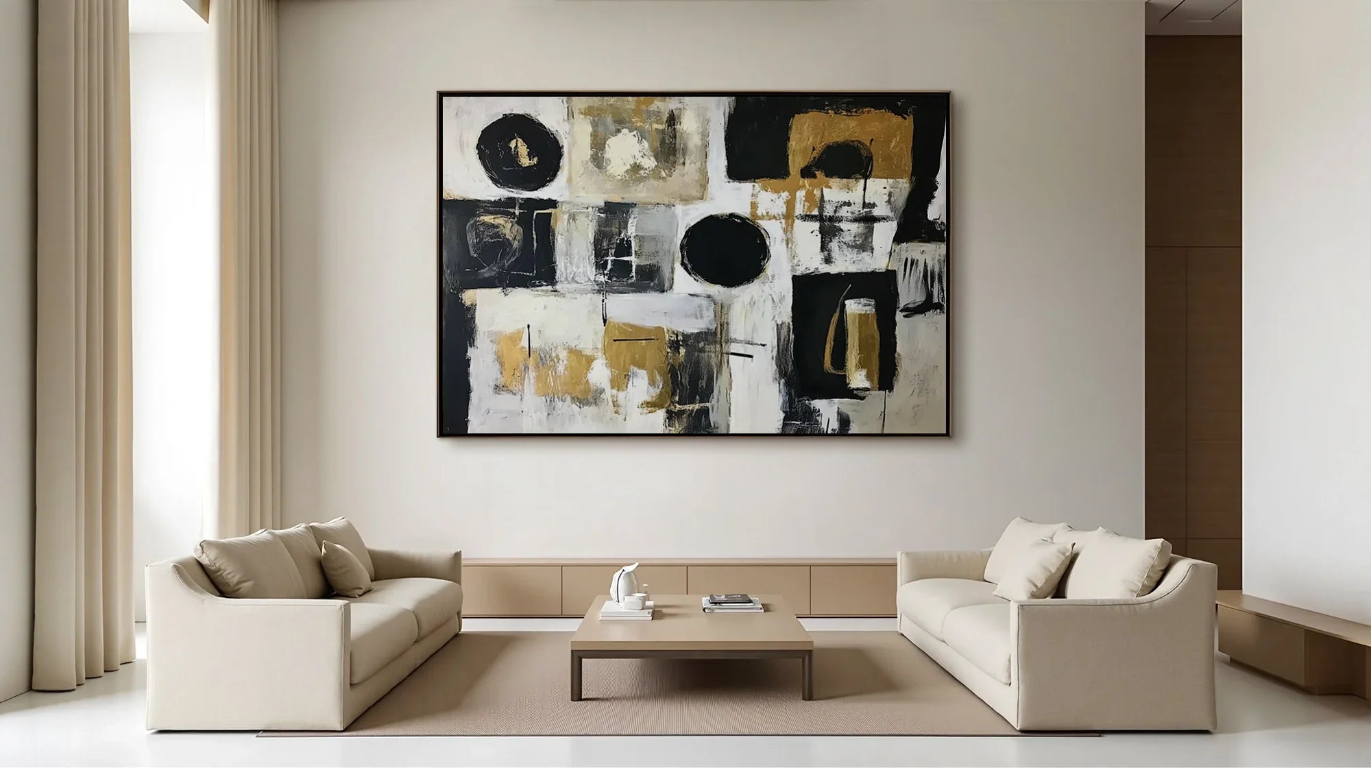 Abstract geometric painting in a modern living room with neutral tones.