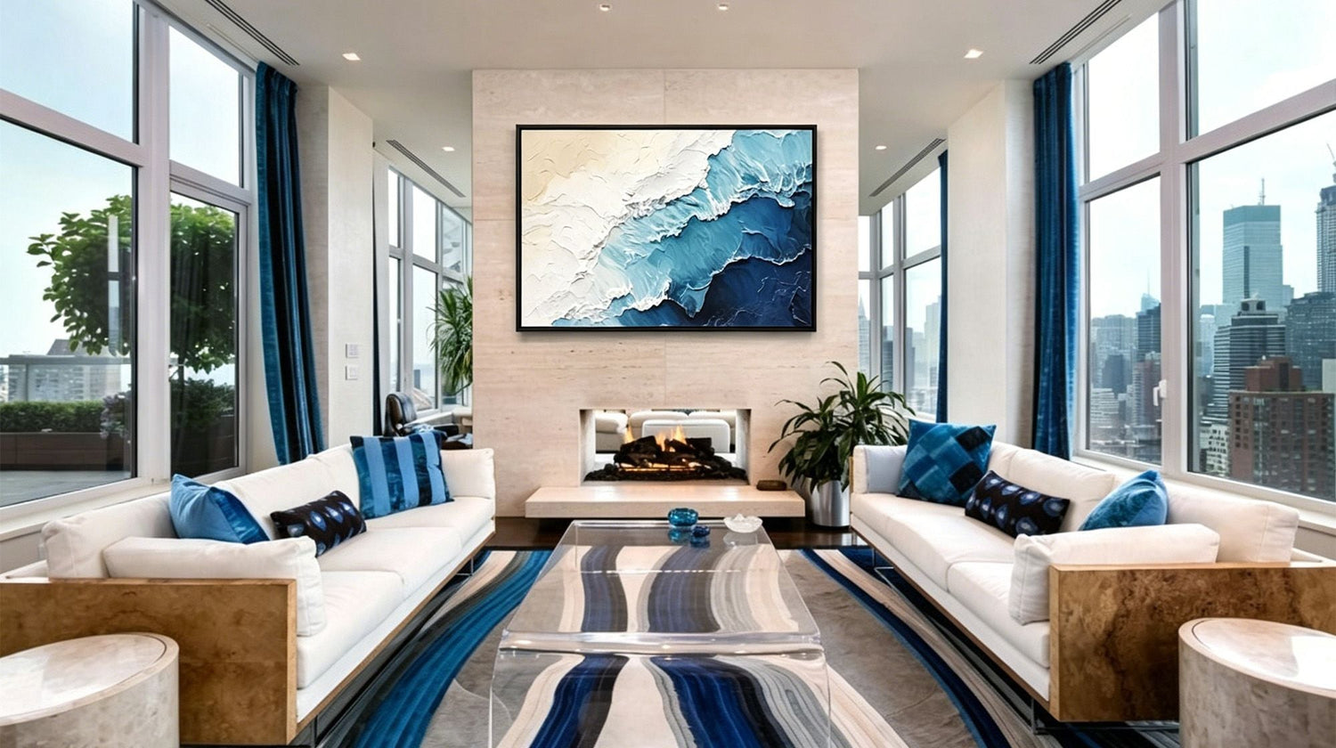 Montcarta blue and white ocean wave textured painting above a fireplace.