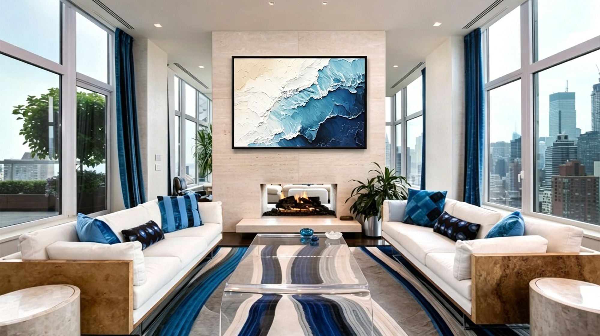 Montcarta blue and white ocean wave textured painting above a fireplace.