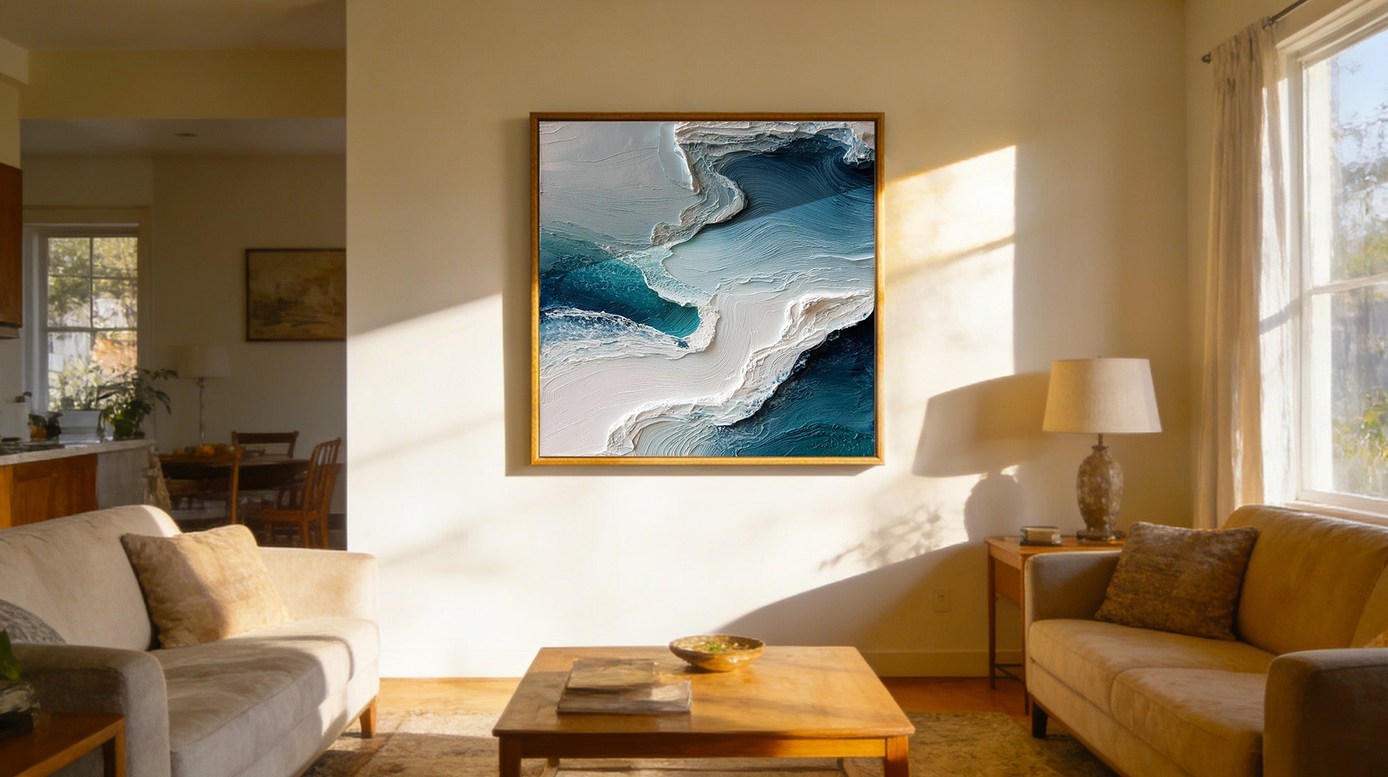 Heavily textured abstract painting in blue and white tones, resembling ocean waves, hanging in a sunlit living area.