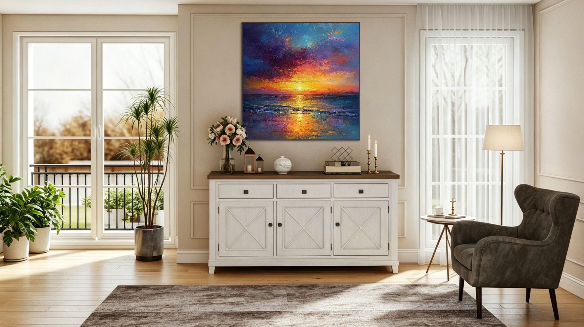 Montcarta colorful abstract sunset ocean painting over a white sideboard in a living room.