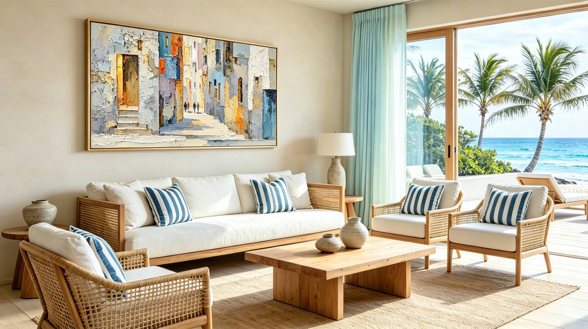 MontCarta colorful Mediterranean town landscape wall art in a sunlit coastal living room with sea view.