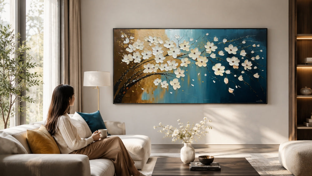 Framed floral wall art with white blossoms and blue gold tones displayed in a bright modern living room with a woman relaxing nearby on a neutral sofa.