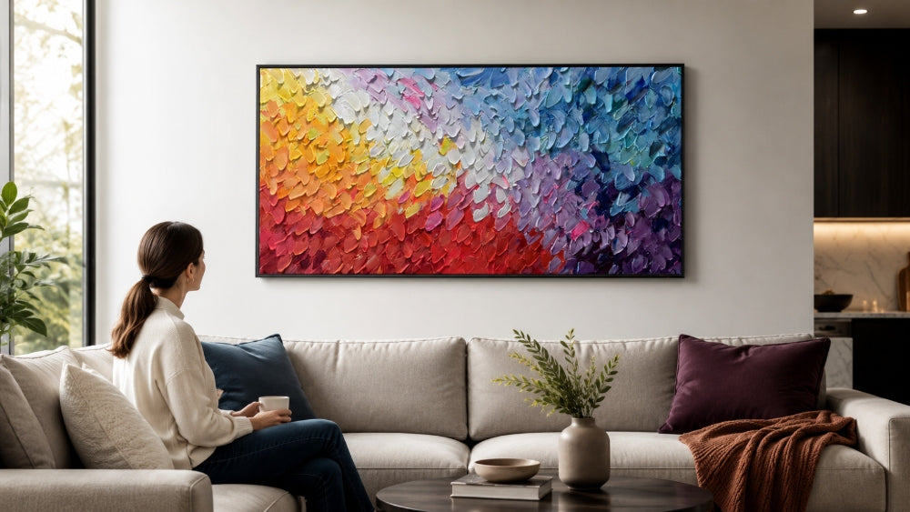 Colorful abstract framed wall art displayed above a sofa in a modern living room with a woman enjoying coffee nearby.