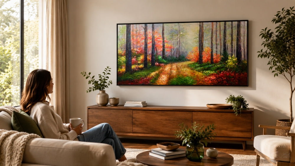 Framed forest landscape wall art displayed above a wooden console in a warm modern living room with a woman relaxing nearby.
