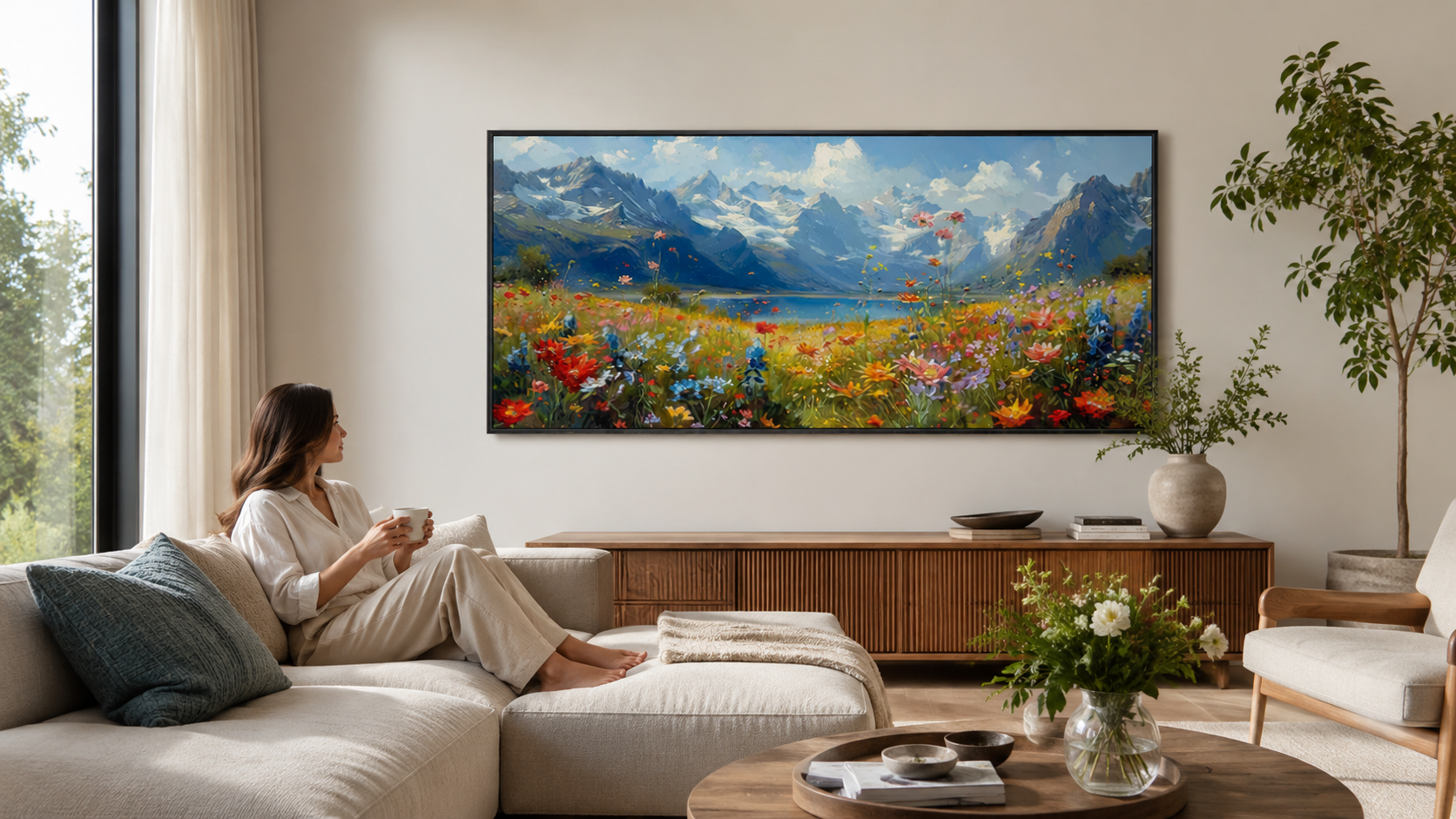 Framed mountain lake and wildflower landscape wall art above a wooden console in a bright modern living room with a woman relaxing on the sofa.