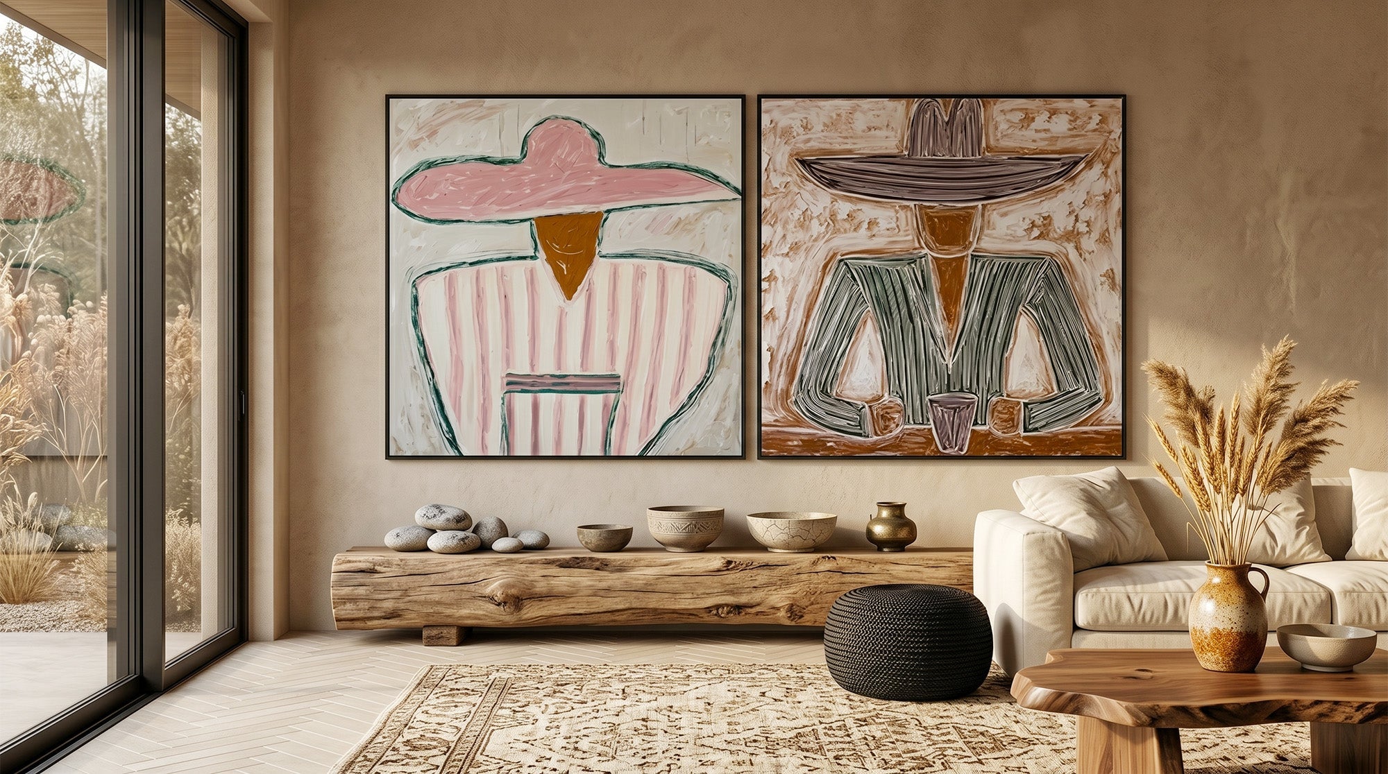 Two folk-style abstract portraits of figures in wide hats.