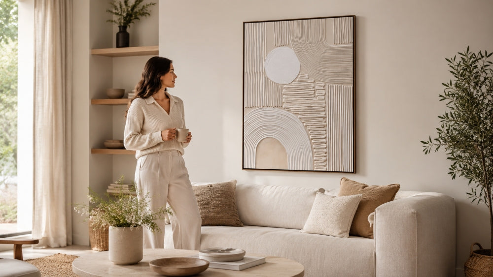 canvas painting care guide cover showing framed canvas art in a bright living room