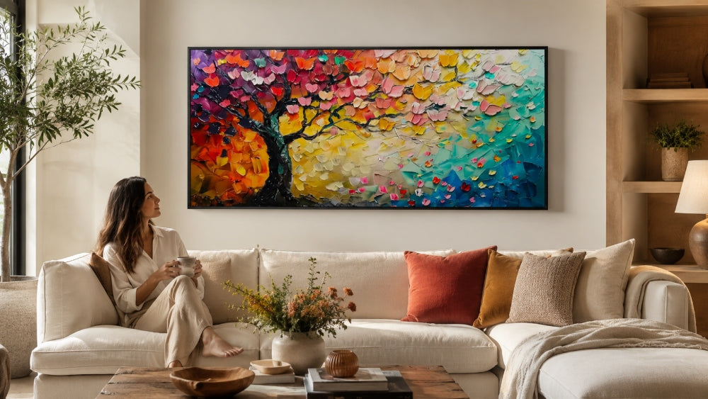 Colorful tree wall art above a cream sofa with warm accent pillows