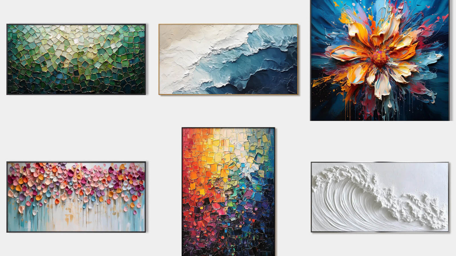An arrangement of six textured abstract paintings.