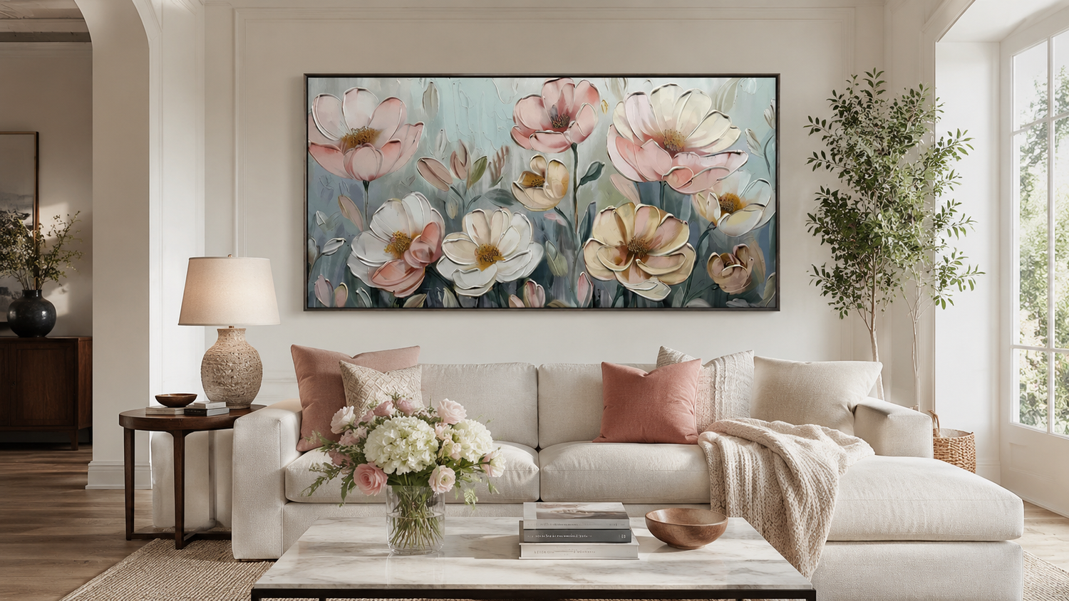 Large floral textured wall art above a blush-toned living room sofa