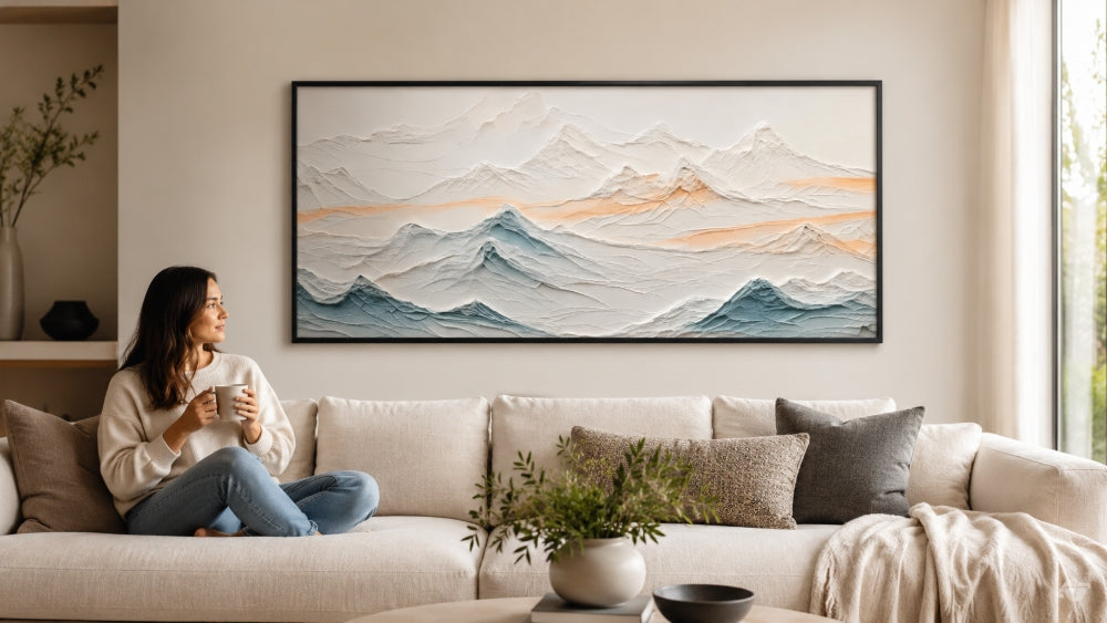 Wide mountain landscape wall art above a light sofa in a calm living room