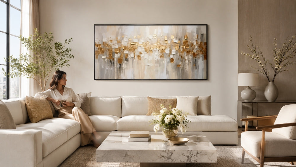 Wide neutral abstract wall art above a cream sofa in a bright living room