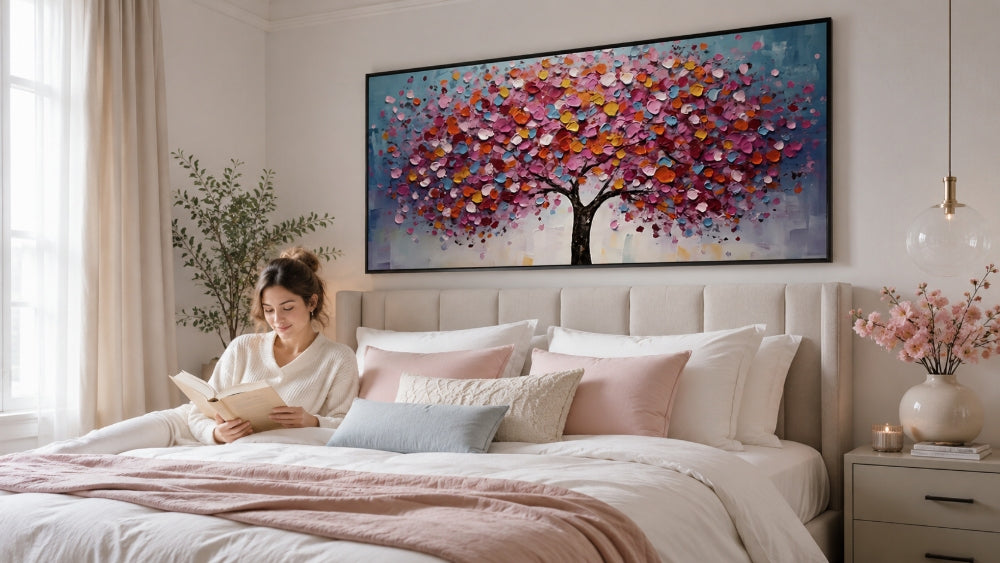 Pink flowering tree wall art above a bed in a soft bedroom setting