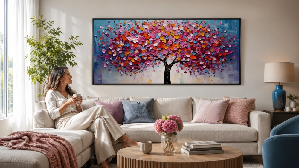 Pink flowering tree wall art above a sofa in a bright living room