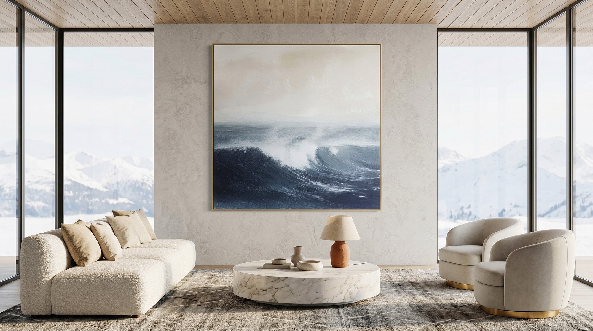 Large canvas painting of a powerful dark blue crashing wave.