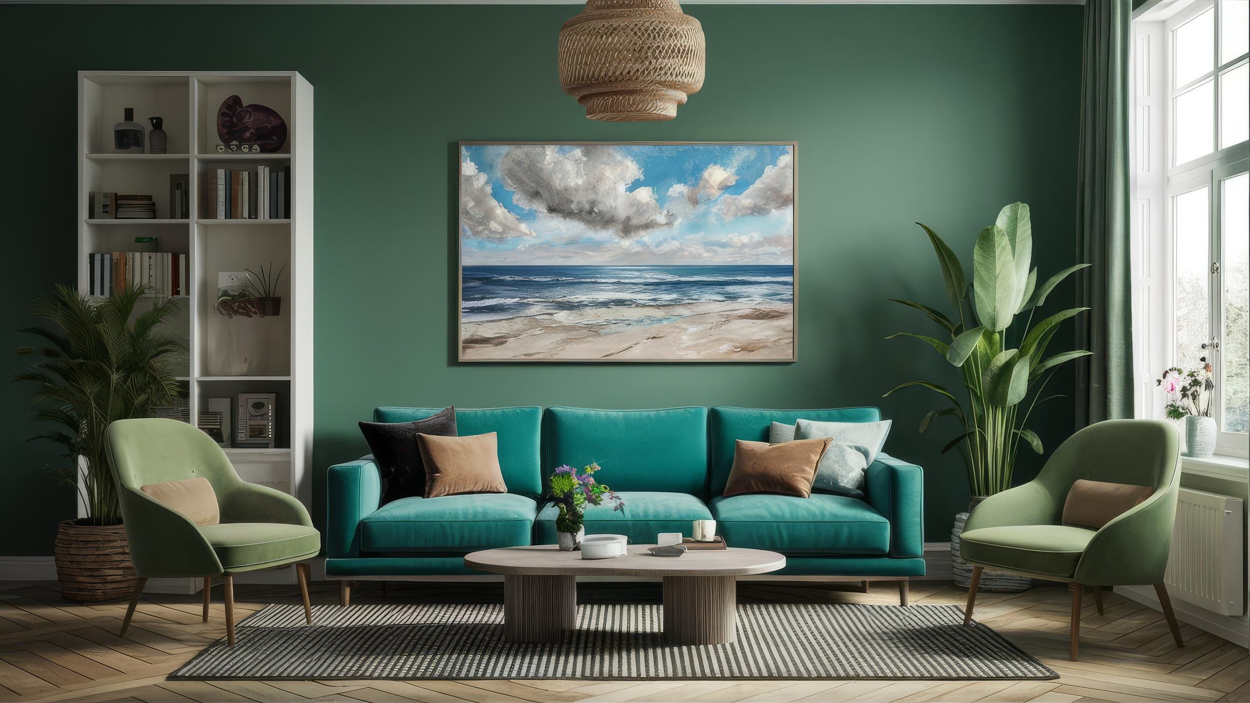 The image shows a cozy and inviting living room with a large, teal-colored sofa, complemented by green accent chairs and a tropical plant, all set against a deep green wall.