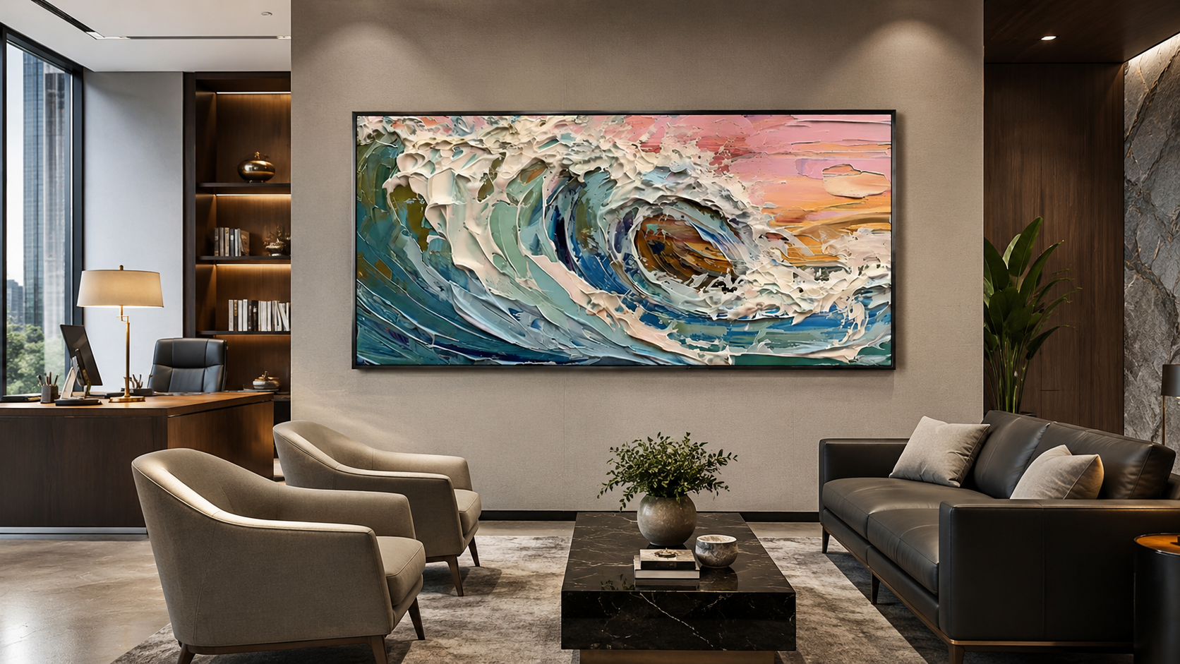 Dramatic ocean wave textured wall art in a warm modern lounge