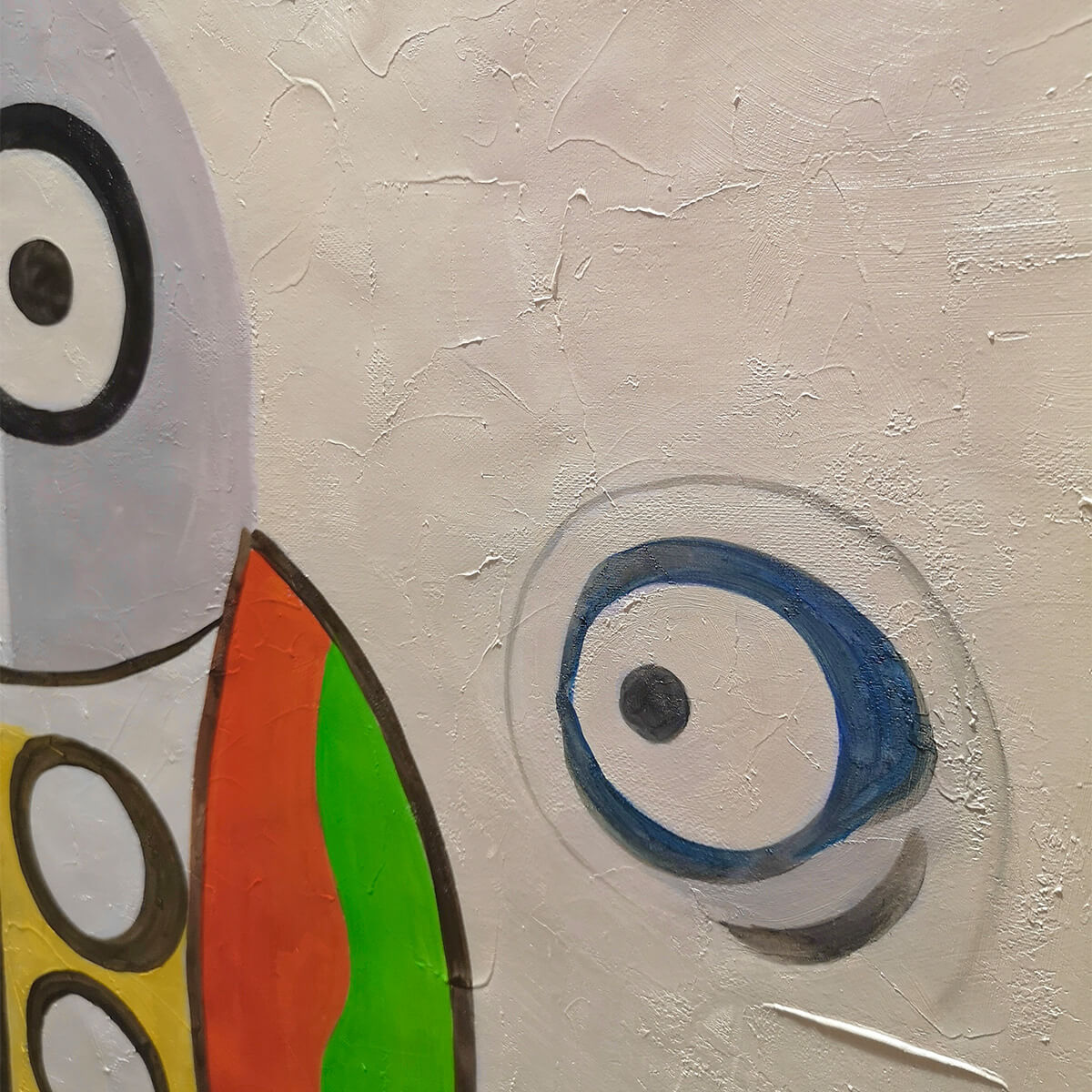 Abstract painting with colorful shapes, modern art by Willow Davies. Square wall art, ideal for living room.