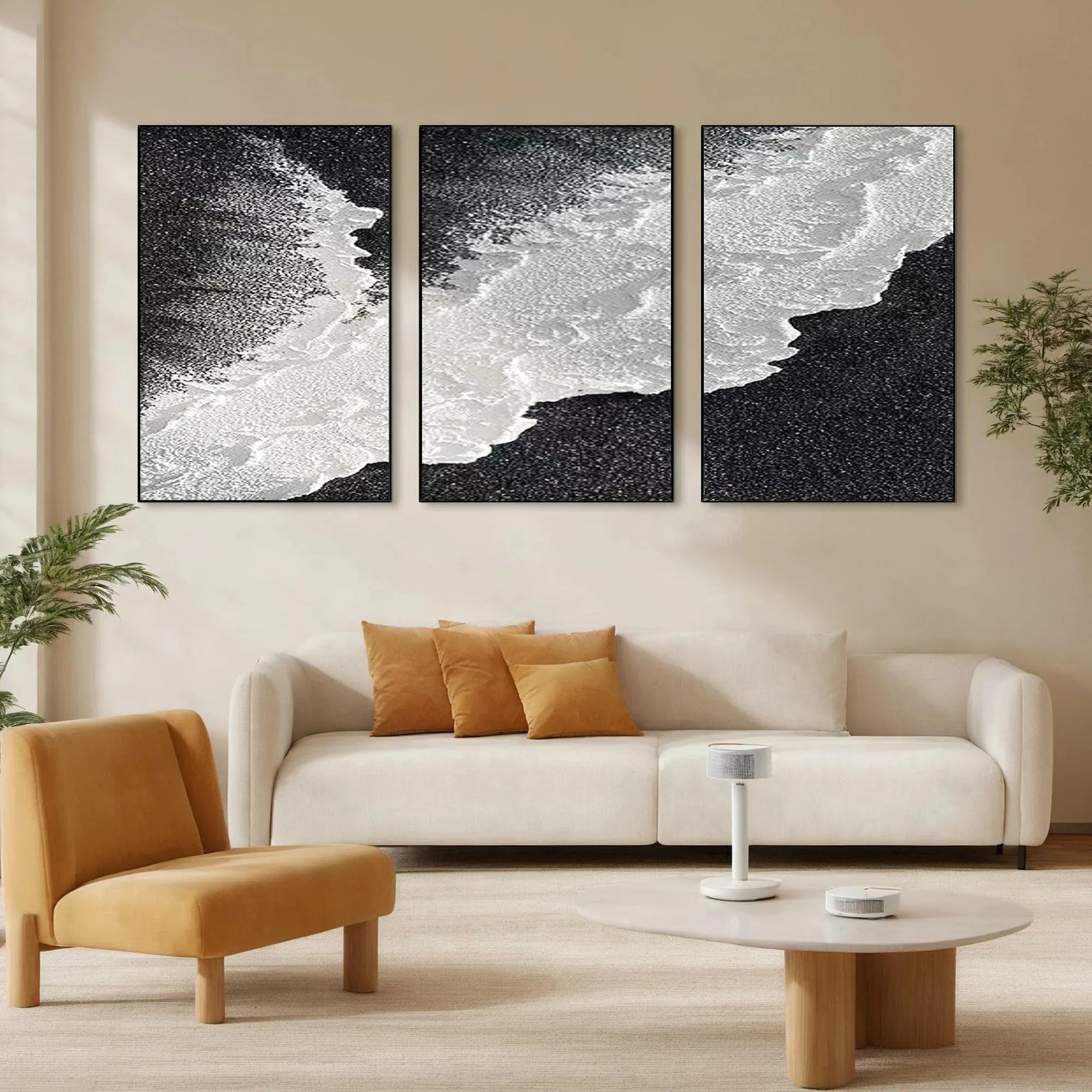 Liam O'Connell's Black & White Ocean Triptych. Abstract ocean art set of 3 vertical panels, monochrome waves and shore.