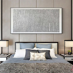 Javier Ramirez WOVEN TEXTURE minimalist grey and white painting above bed in modern bedroom