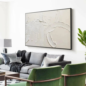 White textured abstract painting by Liam O'Connell in a modern living room, Wabi Sabi style.