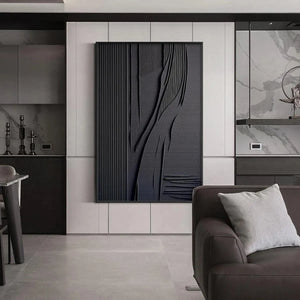 Javier Ramirez Black Textured Lines and Curves, minimalist abstract art, black textured painting, modern wall decor, framed.