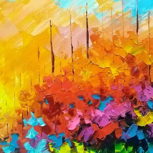 Colorful impasto landscape painting with thick textured brushstrokes in autumn colors and bare tree silhouettes.