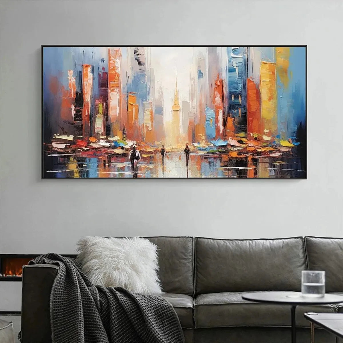 Colorful 'City Market' cityscape painting by Javier Ramirez above a modern sofa, enhancing a contemporary living room.