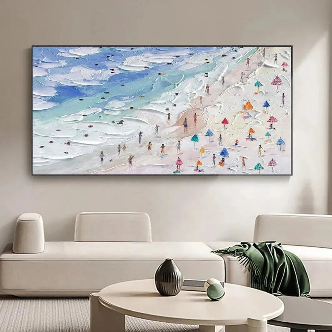 BEACH DAY VIBES painting by Liam O'Connell: Textured beach scene with figures and vibrant umbrellas.