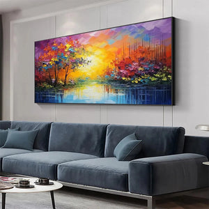 Enchanted Riverview impasto painting: vibrant autumn landscape with water reflections, in modern living room above gray sofa.