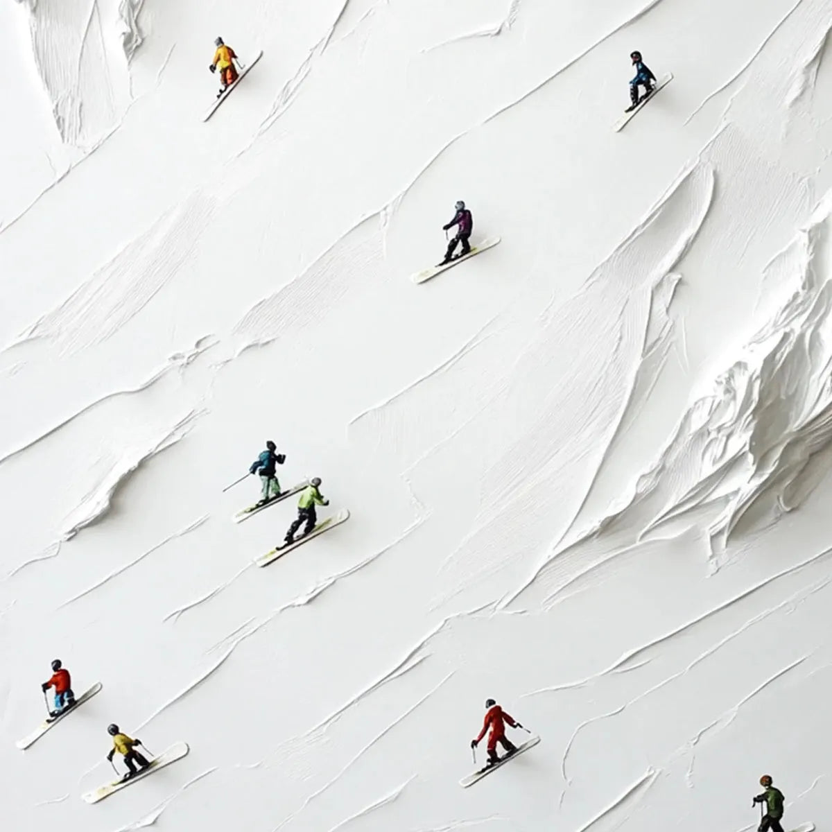 WHITE RUSH: Minimalist Skiing Painting on Textured Square Canvas