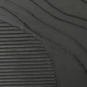 Black minimalist wall art with textured horizontal and curved ridges, contemporary abstract painting.