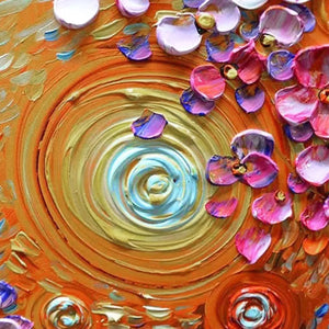 "Lilac Dream" impasto painting: close-up of vibrant pink, purple, white blossoms on gold, orange, blue swirls.
