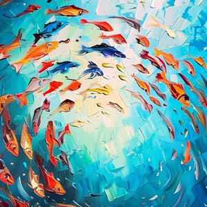 Coral Reef Dance painting by Yan Nan Li: Colorful fish artwork in dynamic swirling movement, showcasing an underwater scene.