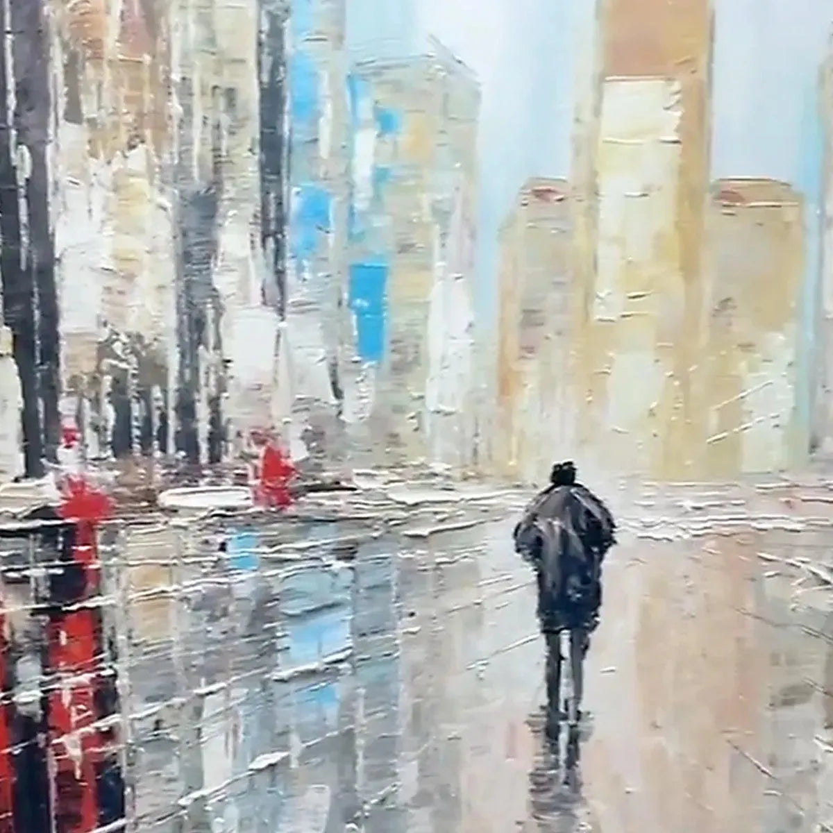 Javier Ramirez's "Urban Solitude" textured oil painting. Impressionistic street scene with lone walker, blues & vivid red.
