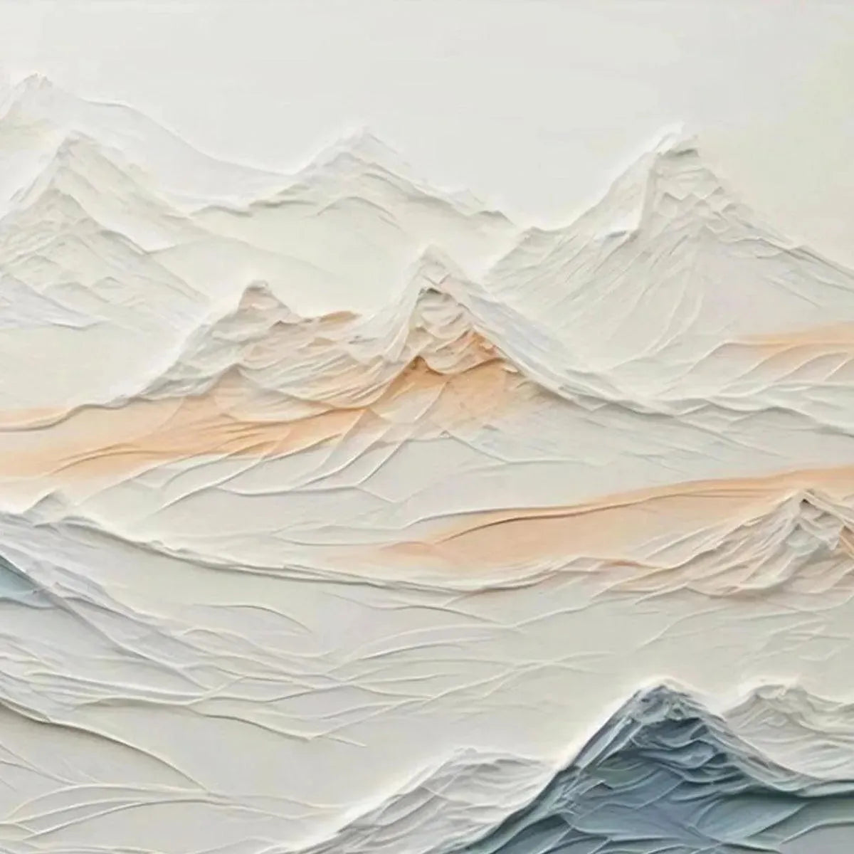 Textured abstract mountain landscape painting in beige, blue, and peach hues. "Tranquil Peaks" by Chen Liu.