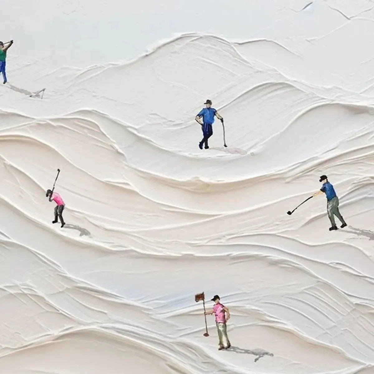 Textured impasto painting 'Fairway Vista' by Liam O'Connell, showing golfers on rolling white dunes.