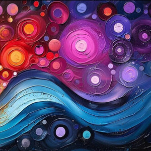 Cosmic Whirl painting: impasto texture with vibrant pink, purple, orange, and blue swirls and circles.