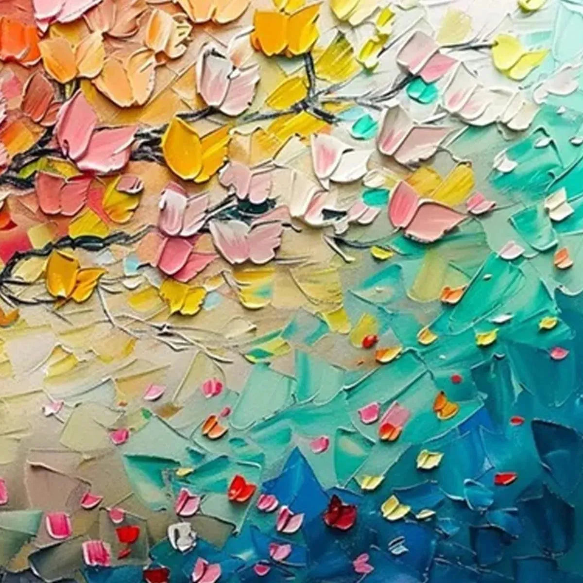 Original 'Whispers of Autumn' textured impasto tree painting with vibrant butterflies. Horizontal art.