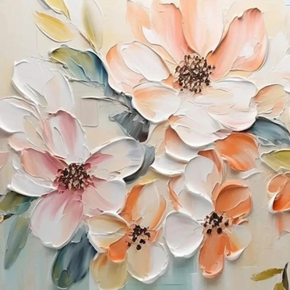 Textured impasto painting of peach and white floral blooms by Isabella Rossi, showcasing thick brushstrokes.