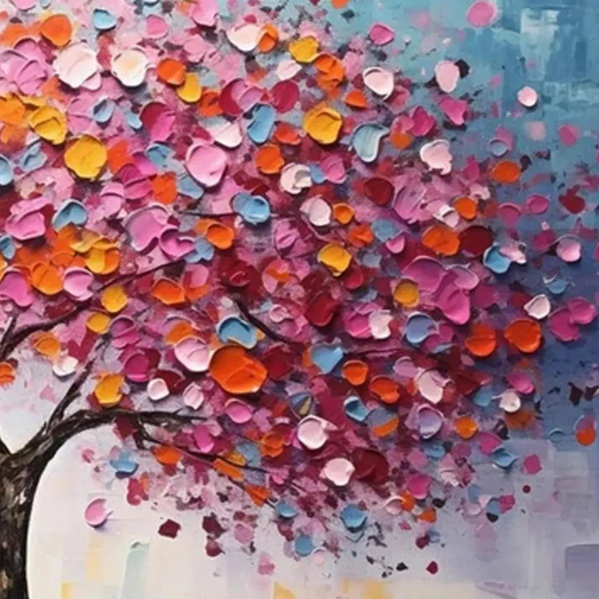 JEWEL TONES TREE: Textured impasto painting with vibrant pink, orange, blue, yellow leaves and textured brush strokes.