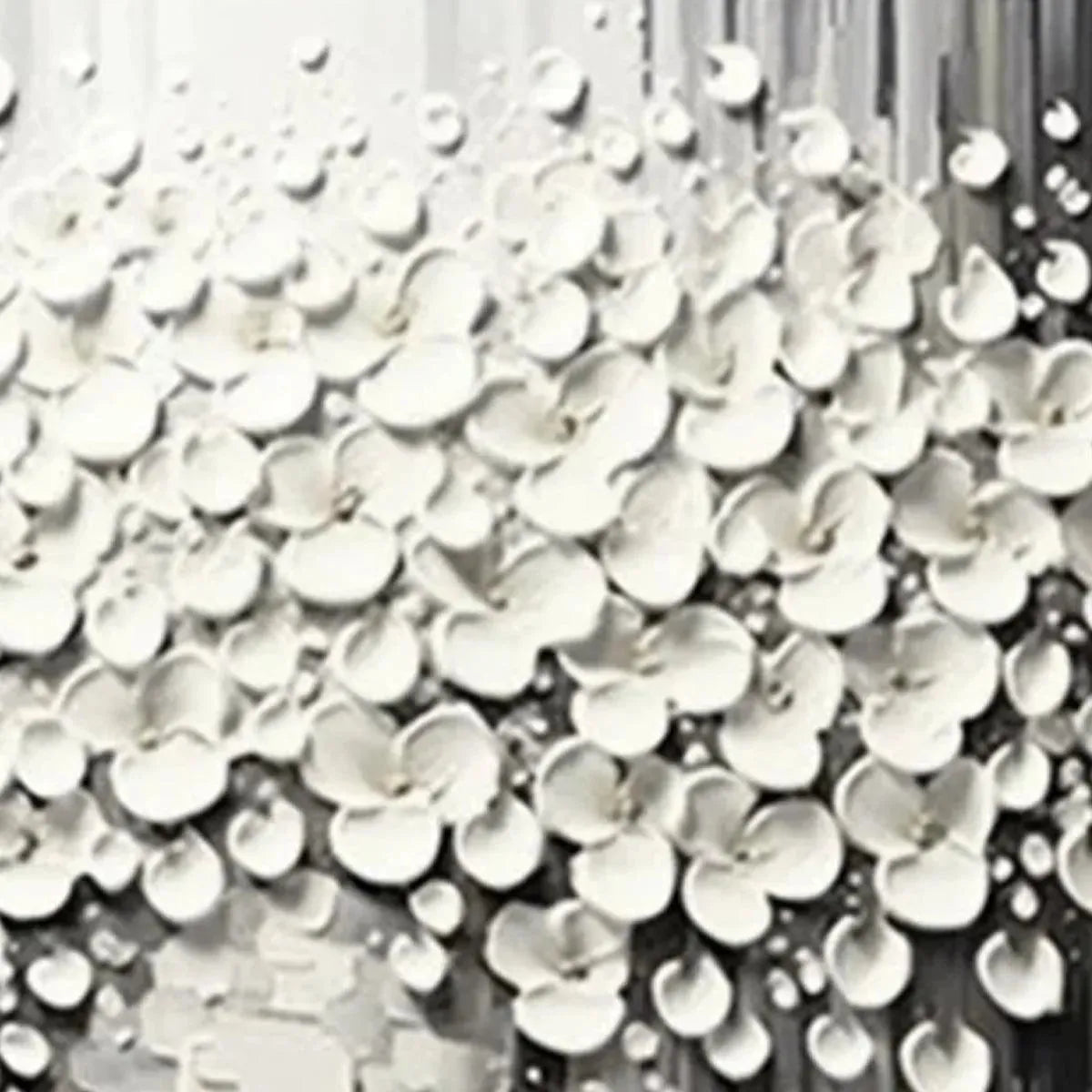 Textured white flowers painting, impasto technique by Liam O'Connell, grey abstract background.