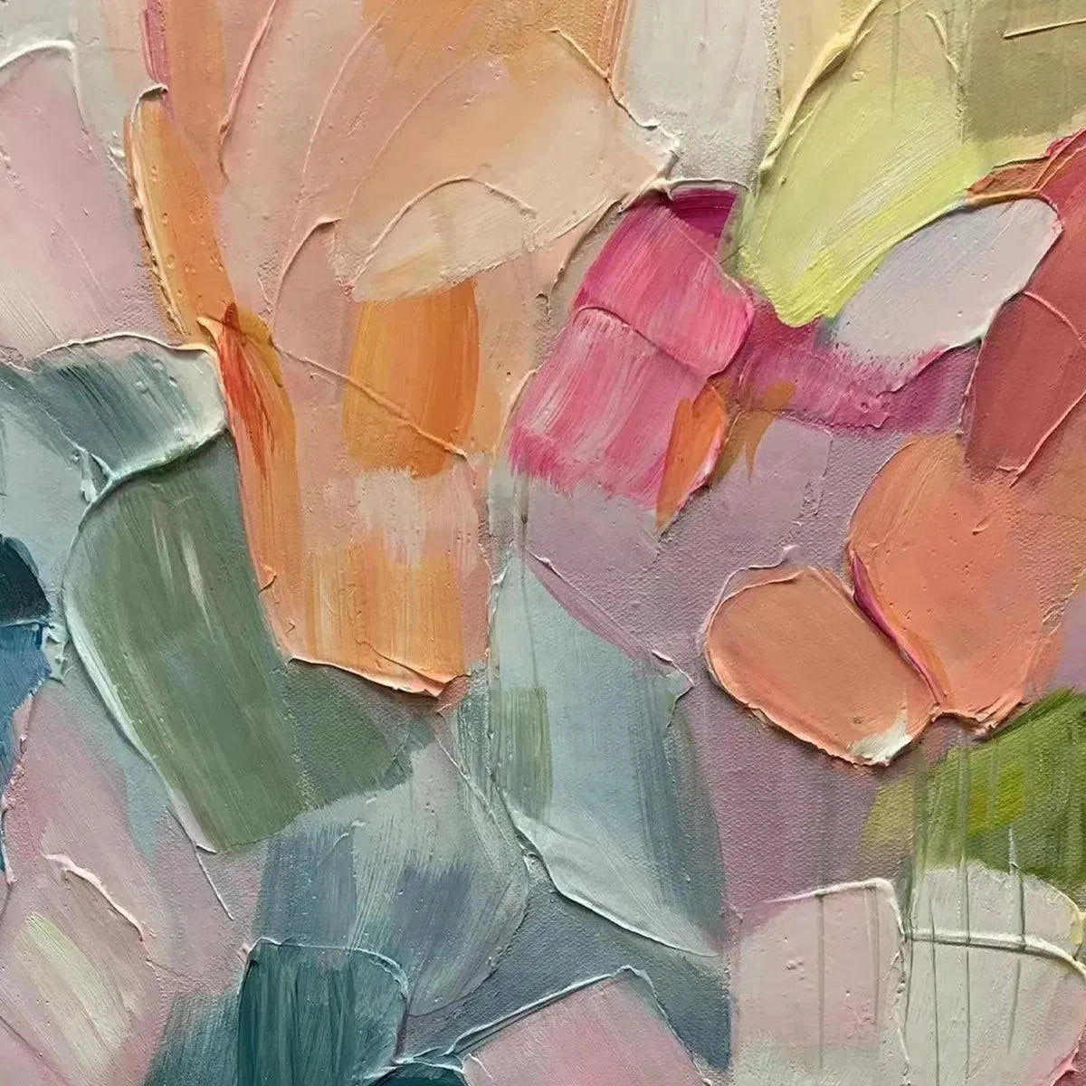 Textured "Pastel Dream" abstract floral painting with impasto strokes in soft pastel colors.